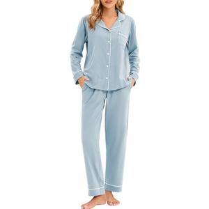 LUBOT 100% Cotton Pajamas for Women PJ Set Soft Button-Down 2 Piece Set Knitted Long Sleeve Sleepwear Loungewear M