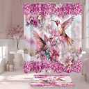 Litabel 4 Pcs Pink Hummingbird Flower Shower Curtain Set with Rugs for Bathroom Decor, Rustic Floral Bathroom Sets with Shower Curtain and Rugs, Bathroom Curtain Set with Mats (Hooks Not Included)