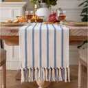Caflife Boho Table Runner 90 Inchs Long Blue and Beige, Cotton and Linen Woven with Tassels, for Modern Rustic Farmhouse Neutral Table Runners, Bohemian Kitchen Dining Table Home Decor