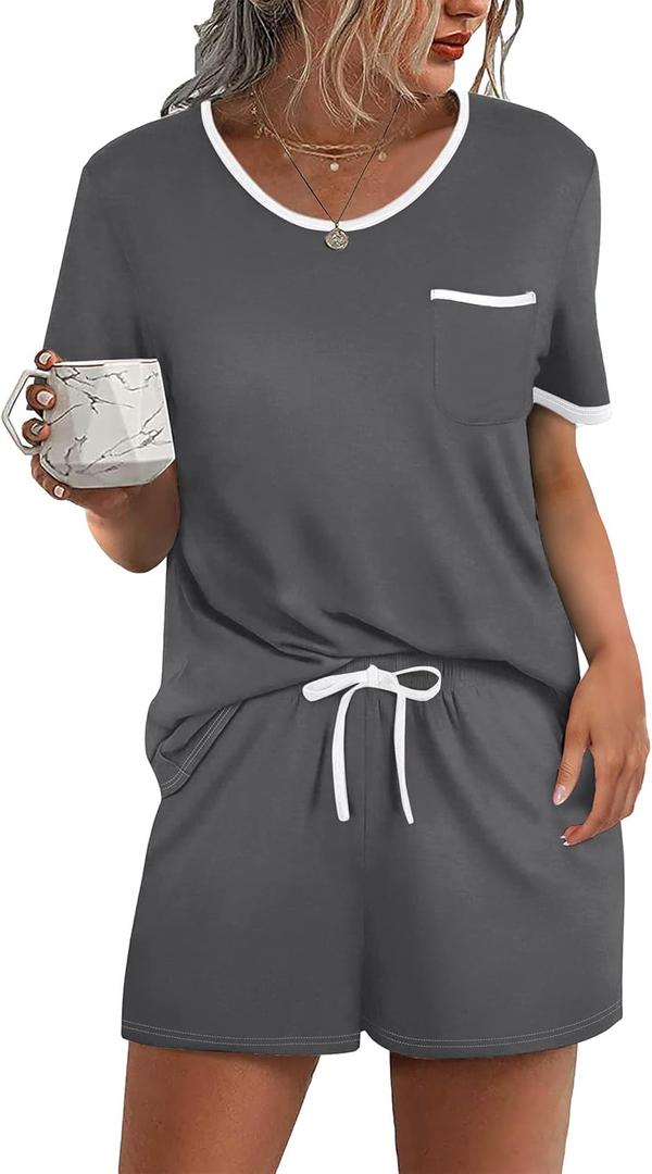 Ekouaer Pajama Set for Women 2 Piece Lounge Set Short Sleeve Tops and Shorts Soft Sleepwear, Chest Pocket (Large, Dark Gray)