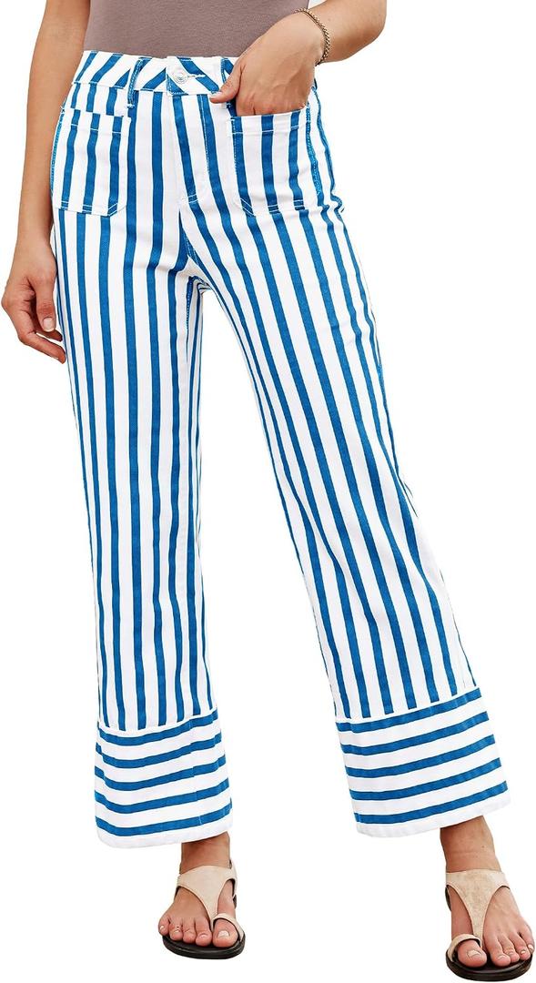 luvamia Striped Jeans for Women Wide Leg High Waisted Trendy Patch Pockets Stretchy Denim Pants Casual Trouser Jeans (L)
