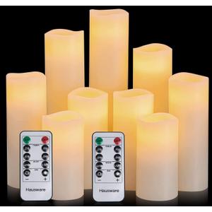 Hausware Flameless Candles Battery Operated Candles H 4" 5" 6" 7" 8" 9" Real Wax Pillar Flickering Candles LED Flameless Candles with Remote and Timer Control Set of 9 (Ivory Color)