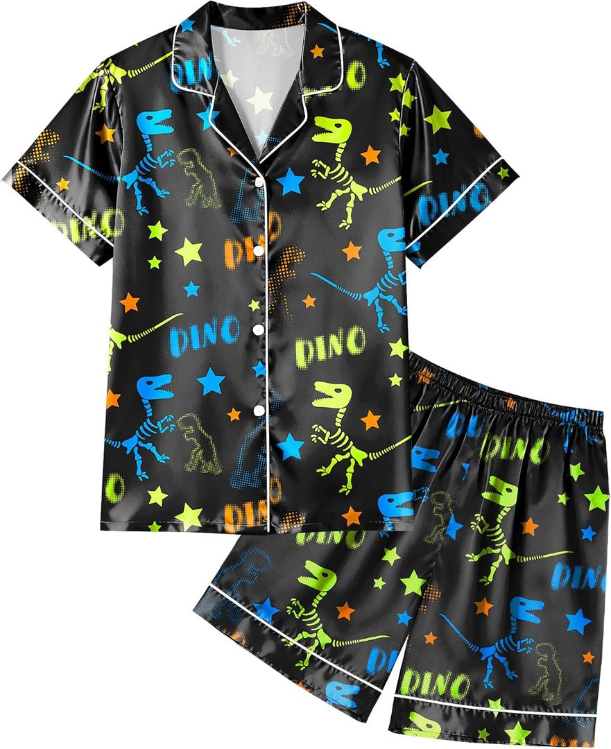 Boys Pajamas Toddler Little Boys Silky Satin Pajamas Button Down Short Sleeve & Shorts Pjs Set Kids Sleepwear 3-10 Years (5-6 Years, Black Dinosaur)