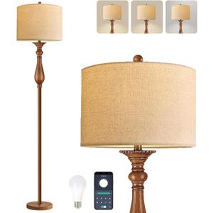 ILLMTW Wood Floor Lamp for Living Room,Bedroom,Vintage Mid Century Modern Standing Lamp with Remote Dimmable,Boho Gold Tall Lamp Fabric Lamp Shade Floor Lights Bohemian Tiffany Style
