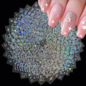 3 x 30Sheets Laser Silver Nail Art Stickers Aurora Nail Stickers for Nails Art 3D Self-Adhesive Silver Nail Decals Laser Sticker for Women Girls Acrylic Nails Manicure DIY