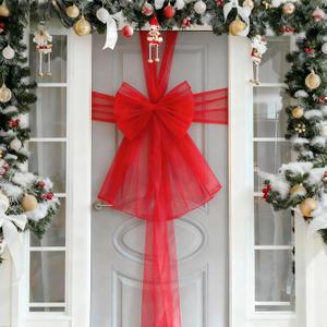 Christmas Cabinet Door Ribbon Bow Large Christmas Door Bow Decoration Xmas Tree Organza Bows Festival Wrapping Decorations for Front Doors Fireplace Wreath Home Holiday Birthday Party Supplies (Red)