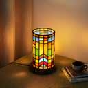 Tiffany Style Stained Glass Bohemian Block Table lamp Living Room Bedroom Bedside Flower Vase Decor Small Night Light Mini Cute Kids Accent Cottage Aesthetic Nightstand Cylinder Desk lamp