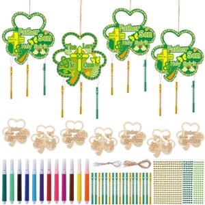 Amyhill 24 Sets Christian Shamrock Wooden Crafts St Patricks Day Crafts Kits Unfinished DIY Shamrock Irish Wind Chime Diamond Kit Make Your Own Religious Cross Decor for Church Party Supplies
