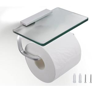 Toilet Paper Holder Bathroom Paper Toilet Roll Holder Hanger,Toilet Paper Holder with Shelf, Glassed Steel Frosted Silvery Lavatory Tissue Holder with Mobile Phone Storage Rack (Silvery)