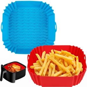 Boribim 2 PCS Square Silicone Air Fryer Liners - 8 Inch Reusable Air Fryer Pot - Air Fryer Accessories - Air Fryer Inserts for 4 to 7 QT Oven Microwave Accessories (Red + Blue)