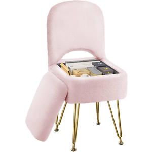 Small Vanity Stool Chair with Storage and Folding Back, 13.4" x 15" x 30" Square Faux Fur Soft Ottoman, 4 Metal Legs with Anti-Slip Feet, Furry Padded Seat for Makeup, Bedroom, Pink