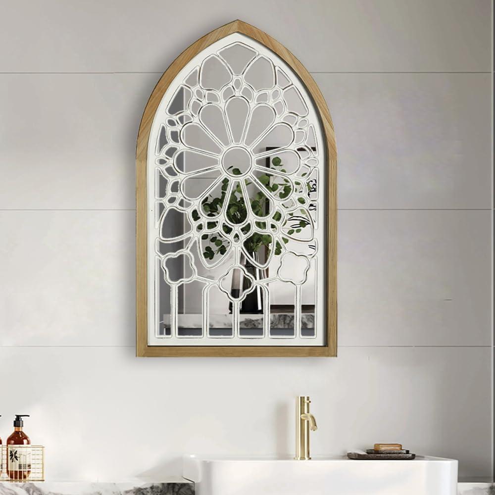 Rustic Wood Frame Wall Art, Distressed White Floral Carved Design, Vintage Arched Windowpane Style Farmhouse Decor with Acrylic Reflective Surface for Living Room Bedroom Bathroom, 13.4x22 Inch Rustic Wood Frame Wall Art, Distressed White Floral Carved Design, Vintage Arched Windowpane Style Farmhouse Decor with Acrylic Reflective Surface for Living Room Bedroom Bathroom, 13.4x22 Inch