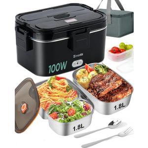 Eocolz Electric Lunch Box Food Heater 100W, Food Warmer with Dual Container 1.8L Portable Heated Lunch Box for Car Truck Work Stainless Steel Fork & Spoon 12/24/110V for Adults Lonchera Elctrica (Black)