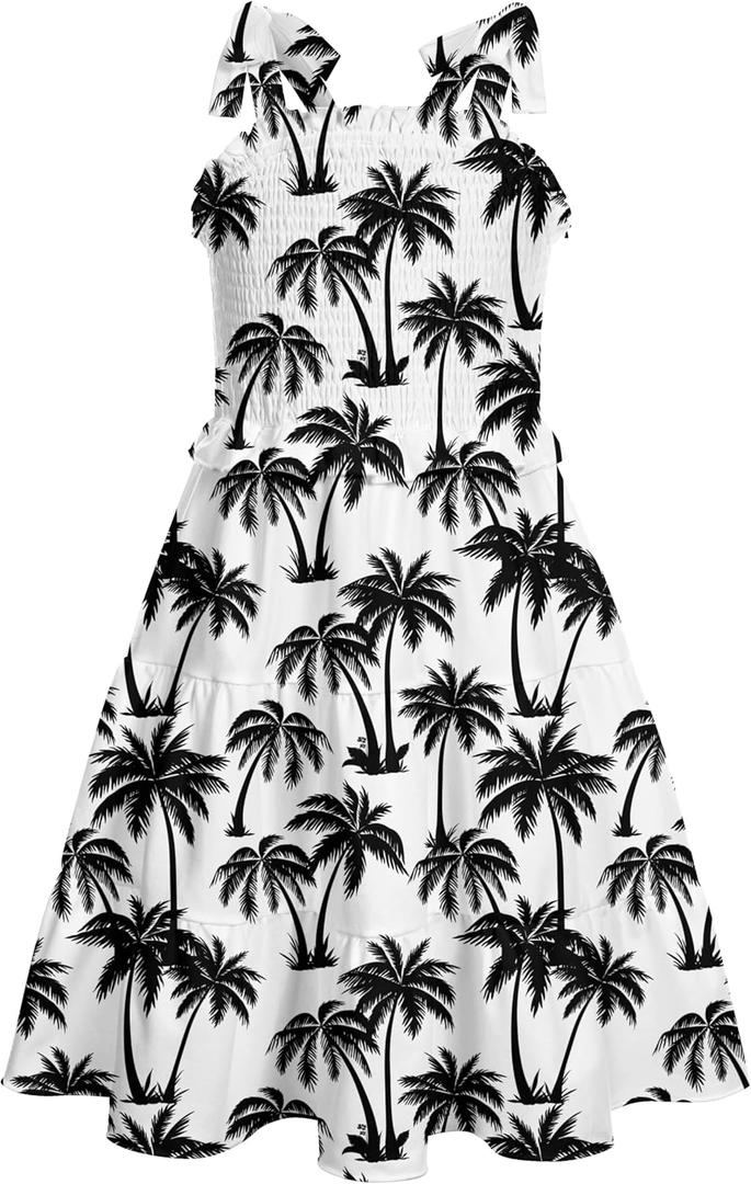 Kids4ever Girls Spaghetti Strap Dress 6-12Y Kids Sleeveless Cami Dresses Summer Beach Smocked Tiered Sundress with Pockets (White)