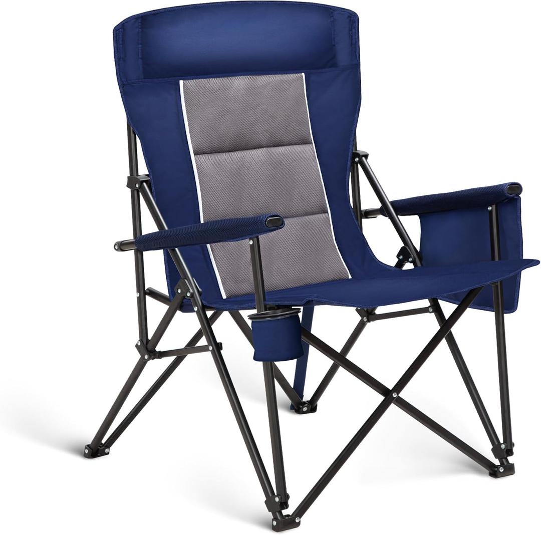 ALPHA CAMP Heavy Duty High Back Camping Chairs with Cup Holder Oversized Folding Chair Outdoor Chair with Headrest,Lawn with Side Pocket for Lawn, Sports and Fishing, 500lbs (Navy Blue)