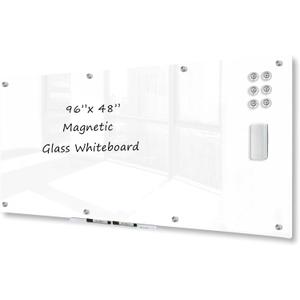 J&J worldwide Magnetic Glass Whiteboard 96x48 Inch Ultra White, Frameless Tempered Glass Dry Erase Board Wall Mounted Includes Markers, Eraser, Magnets, Mounting Kit for Office Home& School