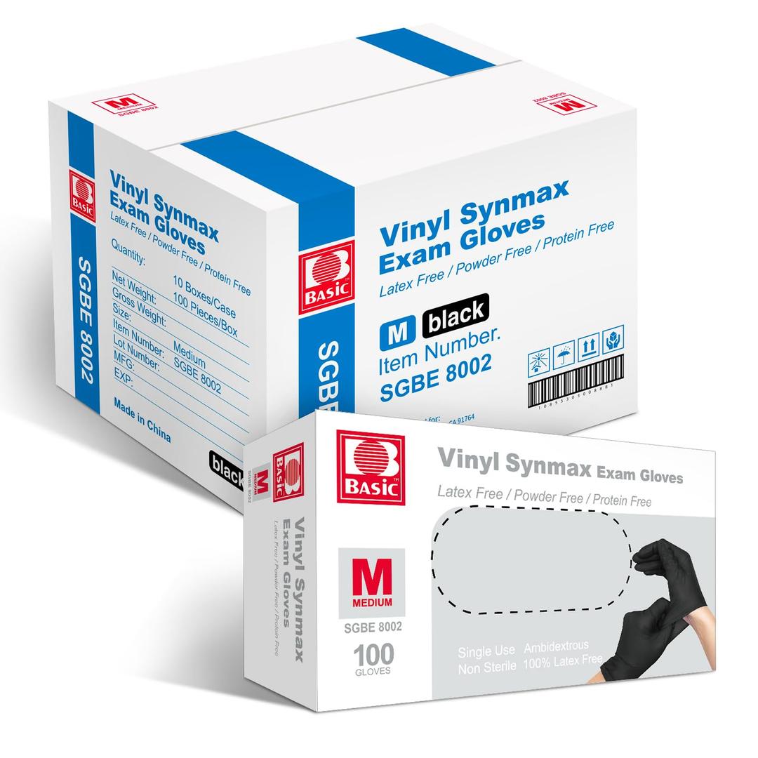 Basic Disposable Medical Synmax Vinyl Exam Gloves- 4 mil Safty Glove 1000pcs - Latex-Free & Powder-Free - SGBE 8002, Medium (Case of 1000, Black) (M)