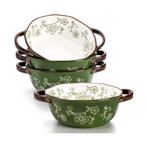 AVLA 4 Pack Ceramic Soup Bowls, 22 Ounces Porcelain Serving Bowl Set with Double Handle, Large Ceramic Crocks for French Onion Soup, Stew, Pasta, Cereal, Pot Pies (Green)