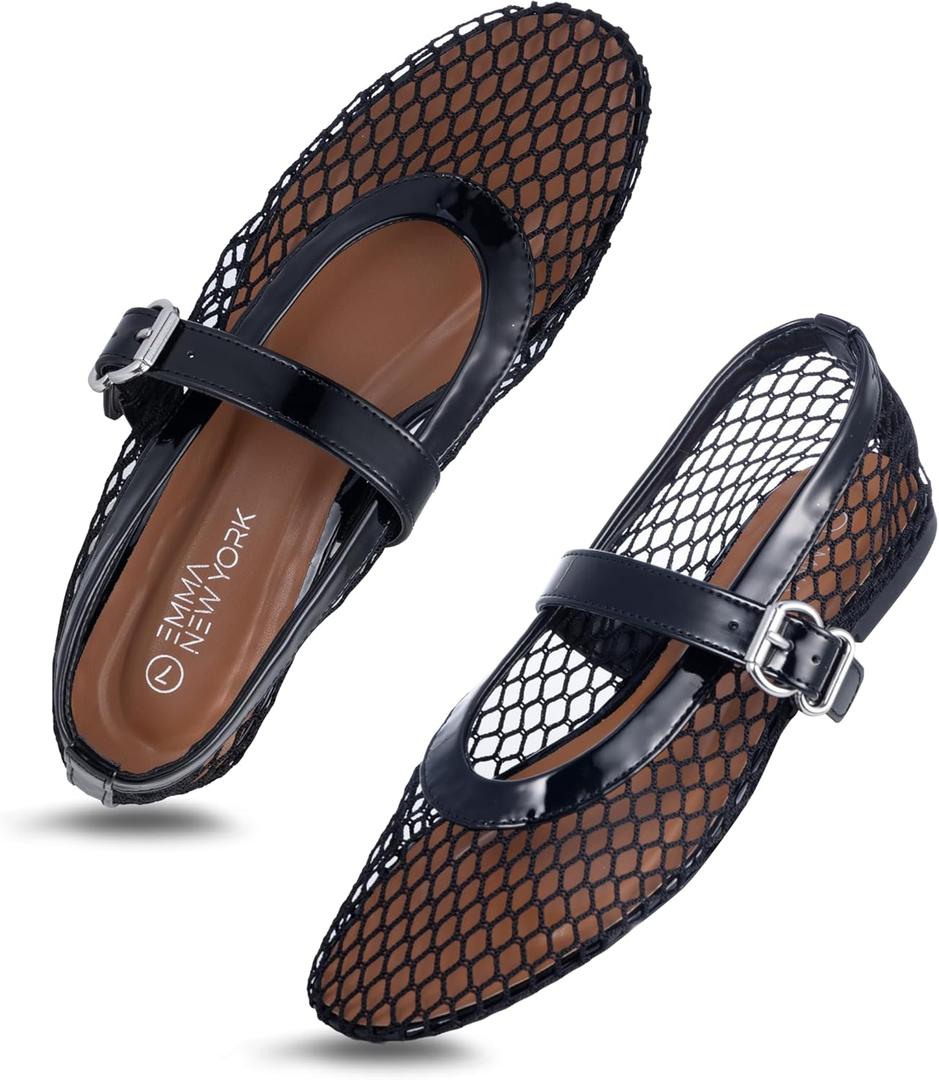Womens Mesh Ballet Flats  Fishnet Mary Jane Flats with Adjustable Buckle Strap, Breathable & Stylish Ballerina Shoes (8.5, Black)