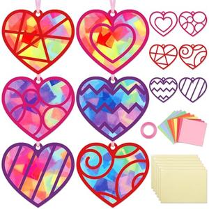 Qyeahkj 36 Set Valentine's Day Suncatchers Craft Kit DIY Heart Window Stained Glass Effect Paper Pink Love Window Tissue Paper Craft School Classroom Home Decor Valentines Art Supplies Kids Favor Gift
