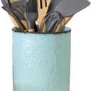 Comfify Large Ceramic Kitchen Utensil Holder With Vintage Farmhouse Floral Pattern - Elegant Turquoise Blue Decorative Crock for Countertop Organization - Organizer for Tools, Spatulas, Spoons & More
