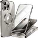 BERFY Magnetic for iPhone 15 Pro Max Case, Compatible with Magsafe, Built-in 9H Tempered Glass Screen Protector & Full Camera Protection, Full Body Plating Shockproof Phone Case for 15 Pro Max, Gray