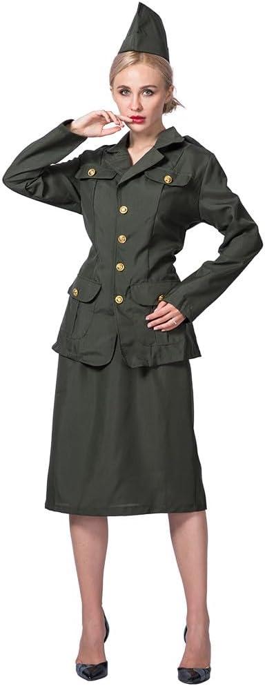 EraSpooky Womens WW2 Army Costume Adult 1940s Military Soldier Halloween Uniform with Jacket Skirt and Hat (Small, Army Green)