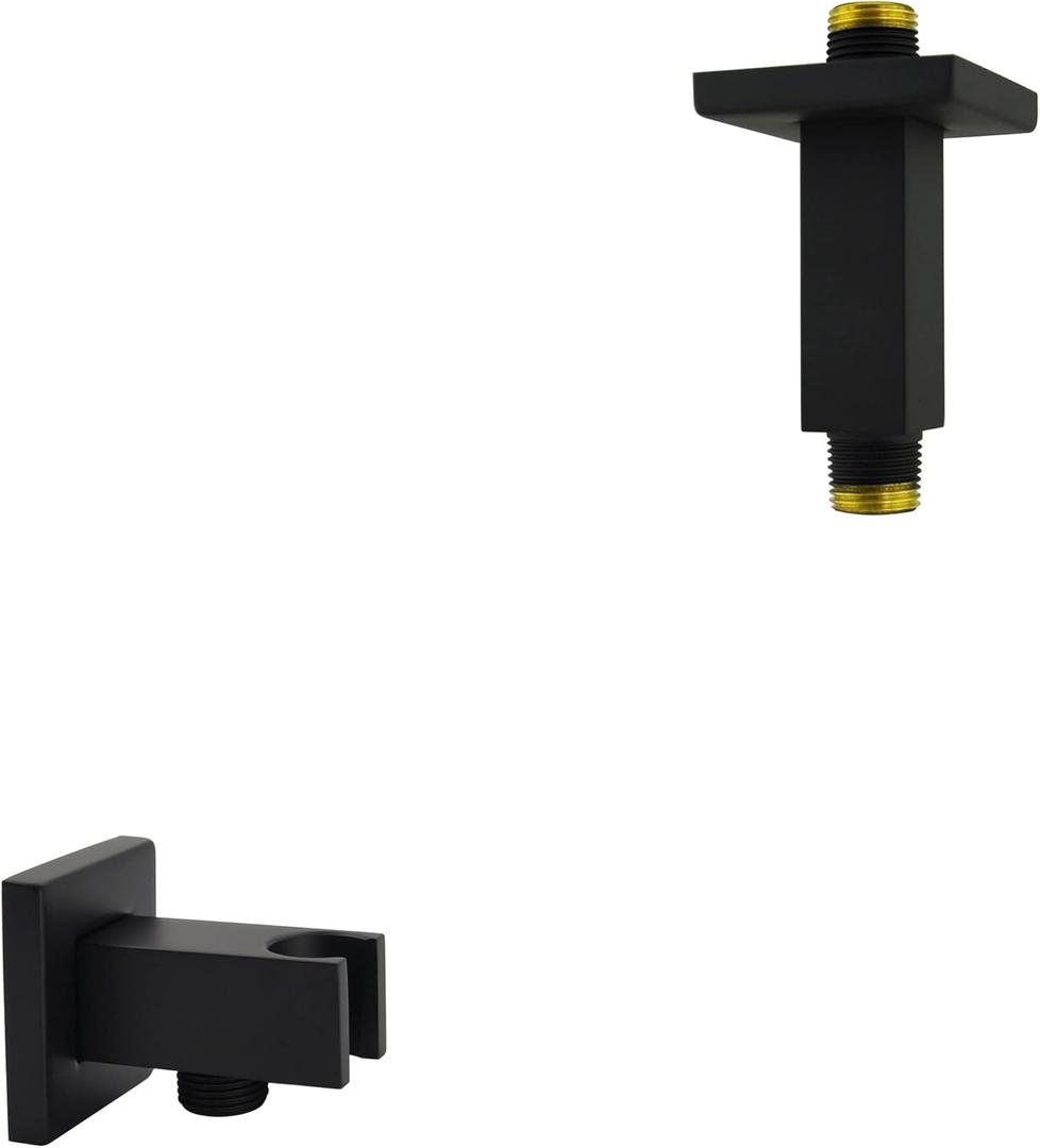 Aquaiaw Shower Arm and Wall Supply Elbow Bundle, 3 inch Solid Brass Ceiling Mount Shower Arm, Solid Brass Wall Union with Handheld Shower Head Holder, Both Square, Both Matte Black