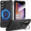 For Samsung Galaxy S23 5G Magnetic Case [Built-in Camera Ring Stand] [Compatible with MagSafe] [Screen Protector] [Wireless Charging] [Military-Grade Protection] Heavy Duty Rugged Case for S23, Black