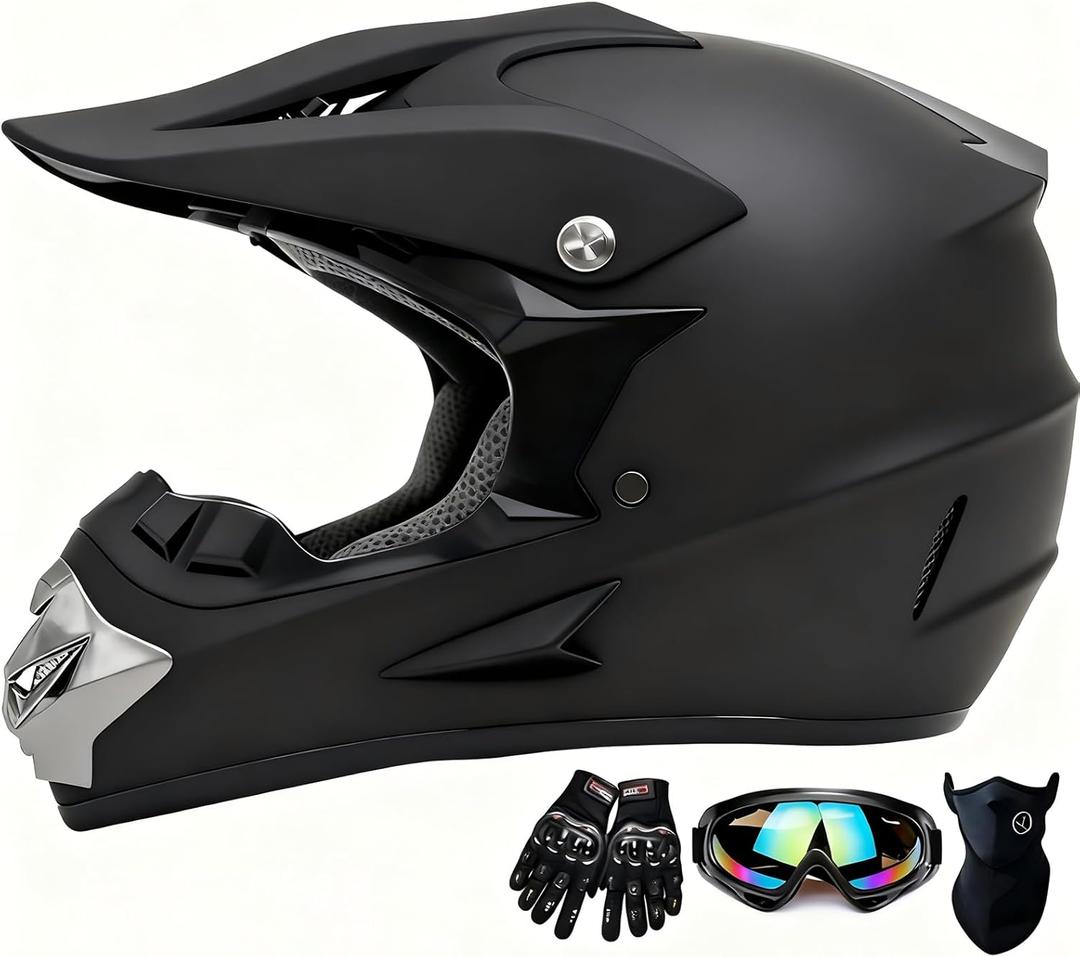 Motocross Helmet,Youth & Kids ATV Dirt Bike Motorcycle Helmet,BMX 4-Wheeler Off-Road Mountain Bike,DOT Certified,W/Gloves Goggles Mask 4-Piece Set (Black, M)