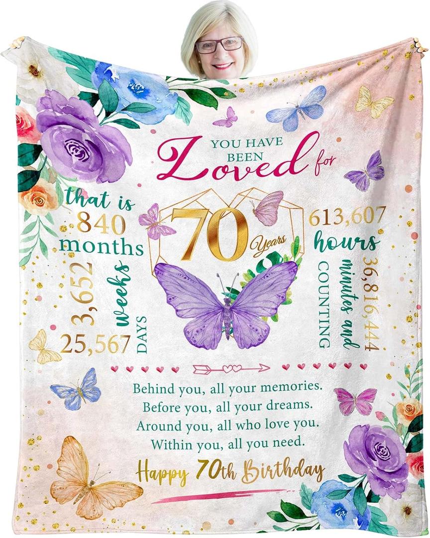 ZWERIVP 70th Birthday Gifts for Women, 70th Women Birthday Ideas, Best 1955 Gifts for 70 Year Old Woman Mom, Happy 70yr Woman Bday, 70 Bday Decorations Throw Blanket 50"X60"