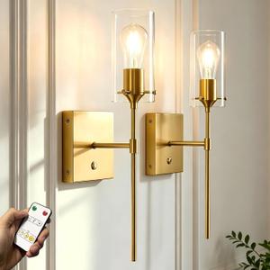 Battery Operated Wall Sconce with Remote Control, Dimmable Wall Mounted Light Set of Two Rechargeable, Gold Cordless Wall Lamp for Bedroom Bathroom Kitchen Vanity Mirror, Bulb Included