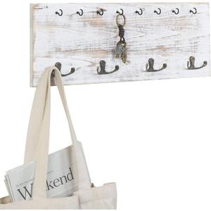 MyGift Coat and Key Hook Wall Organizer, Whitewashed Wood Mounted Coat and Key Holder Rack with 16 Hook, Farmhouse Entryway Hanging Organizer
