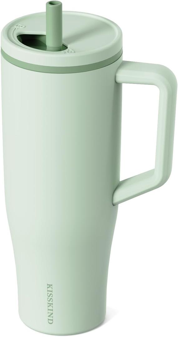KISSKIND 40 oz Tumbler with Handle and Straw | 100% Leakproof Insulated Tumbler with Lid and Straw | Stainless Steel Water Bottle | Cup Holder Friendly Base | Green