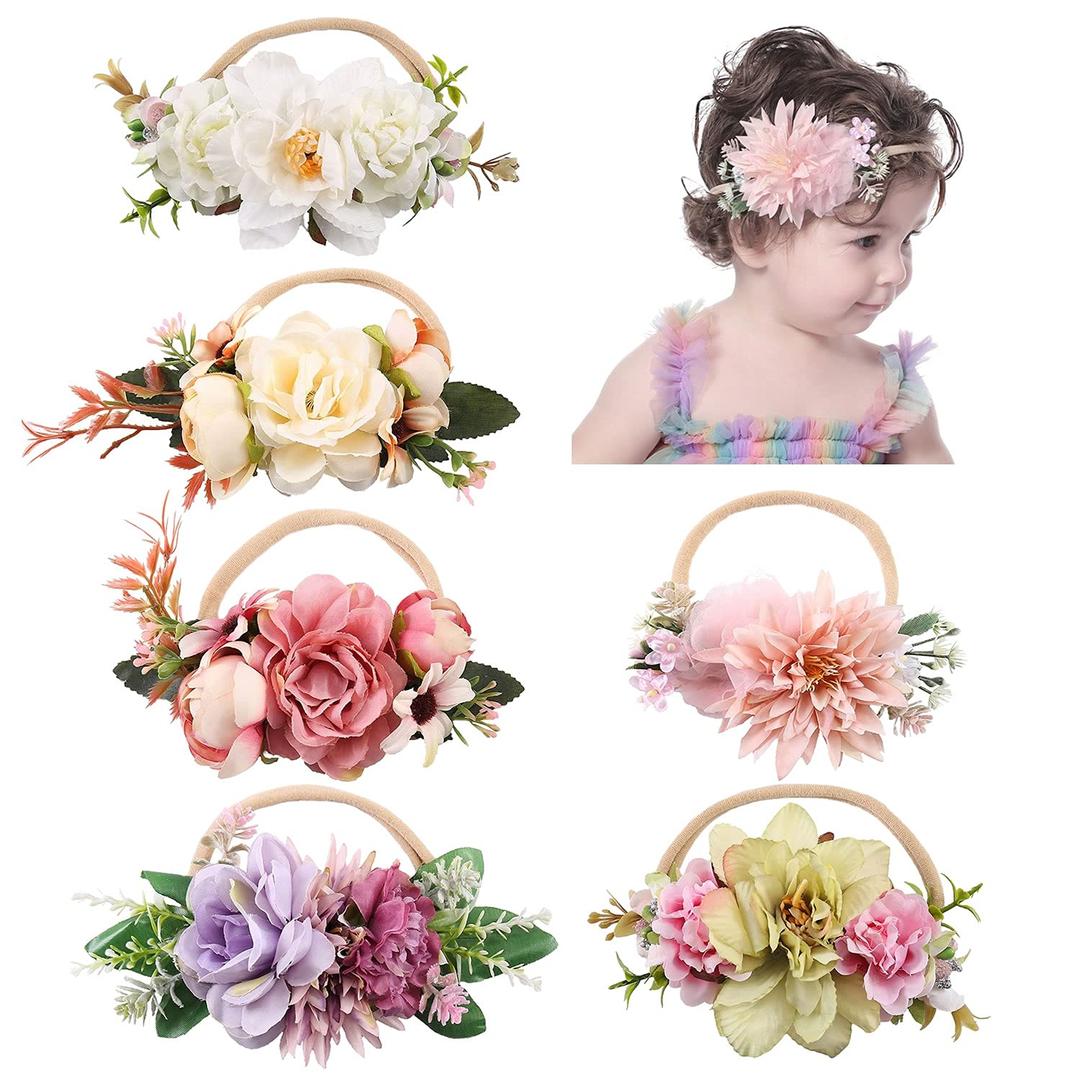 Cinaci 6 Pack Delicate Floral Rose Daisy Flower Super Stretchy Soft Nylon Headbands Hair Bands Accessories for Baby Girls Newborns Infants Toddlers Kids (Pink, Purple, White, Ivory, Dusty Pink and Green)
