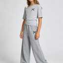 Teen Girls Clothes Off the Shoulder Top and Wide Leg Pants Matching Outfit Set with Pockets (Gray, M)