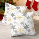 2 x CaliTime Christmas Throw Pillow Covers Decorative 18 X 18 Inches Pack of 2 Cozy Fleece Snowflakes Cushion Cases for Holiday Couch Sofa Bed Living Room Home Grey Gold