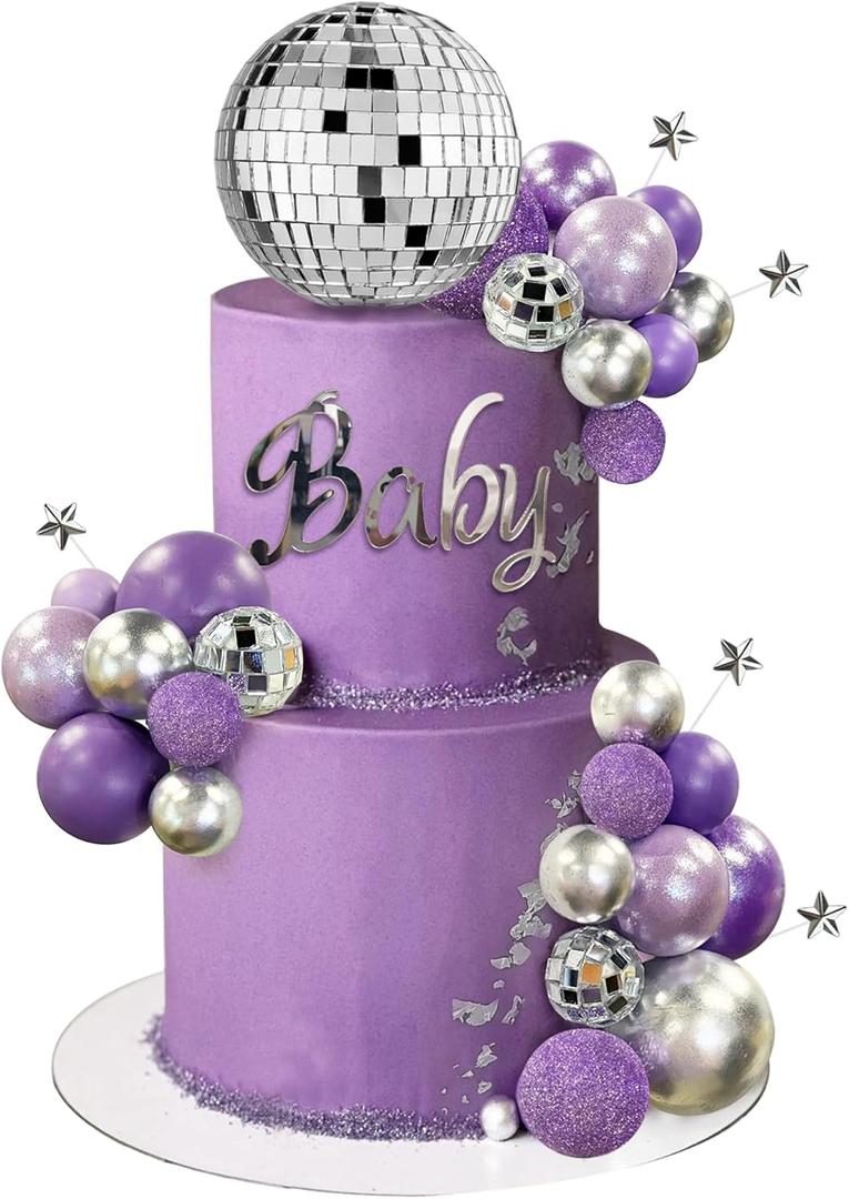 32PCS Disco Purple Ball Cake Topper Decoration for Wedding Birthday Baby Shower Party Cake Decoration Supplies