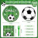 Mulbozy 100 Soccer Party Decorations, Soccer Themed Plates and Napkins Disposable Set Includes 25-9" & 25-7" Dessert Cake Plates, Napkins, Forks for for Birthday Party Supplies