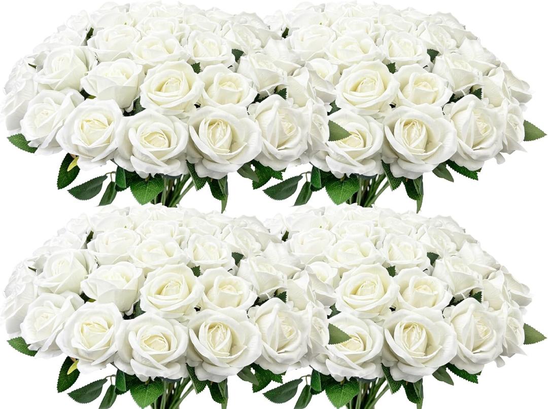 Wondrus Bulk Artificial Flowers 100 PCS, Fake Velvet Silk White Roses with Long Stems Realistic Bouquet for Wedding Centerpieces, Faux Arrangement for Home Table Decor