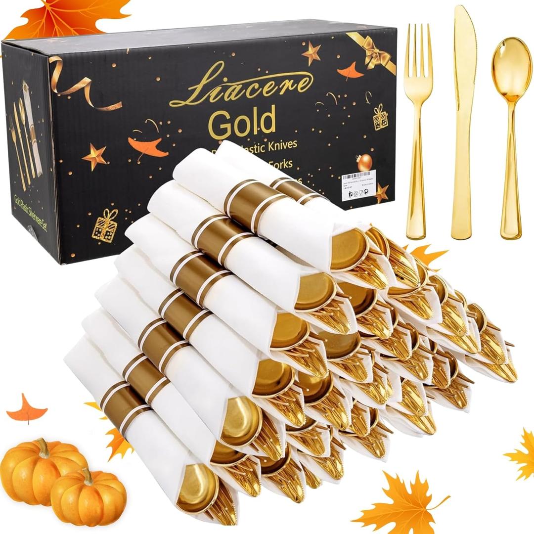 Liacere 100Pack Pre Rolled Gold Silverware and Napkin-Disposable Gold Plastic Utensils-Wrapped Plastic Cutlery Set with Napkin:100 Forks,100 Knives,100 Spoons,100 Napkins for Wedding & Thanksgiving