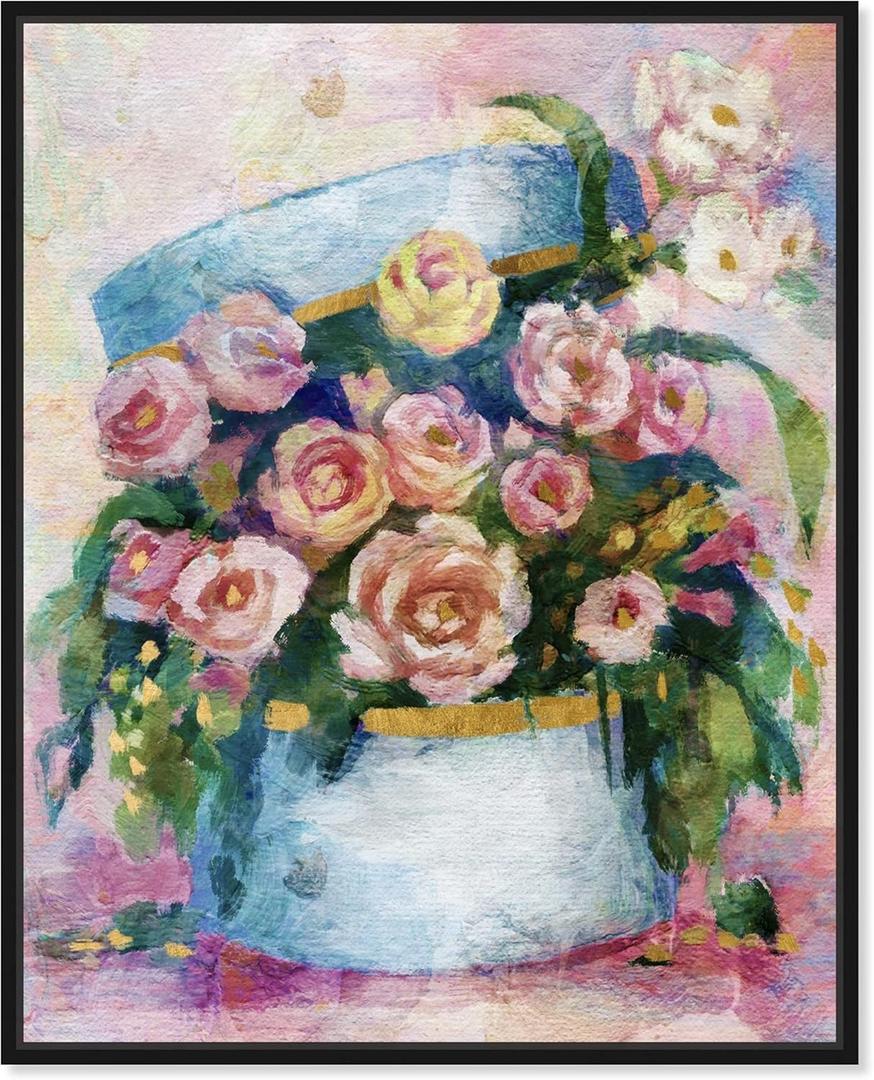 Floral and Botanical Wall Art Framed Canvas Prints 'Flowers in Blue Box' Florals (36L" x 30W")