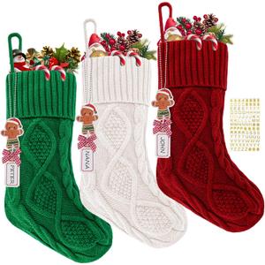 Personalized Christmas Stockings, 18 Inches Hanging Stockings with DIY Gingerbread Man Name Tags, Large Size Knitted Christmas Stockings for Mantels, Xmas Tree Family Holiday Decor-3 Pack-Red, Green, White