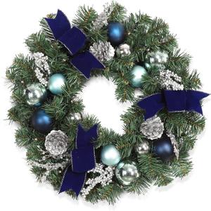 LinTimes Christmas Wreaths, 18 Inch Christmas Wreath for Front Door with 15 LED Lights, Pre-lit Christmas Decoration with Blue Bows Silver Leaves Ball Ornaments for Christmas Wall Window Decor