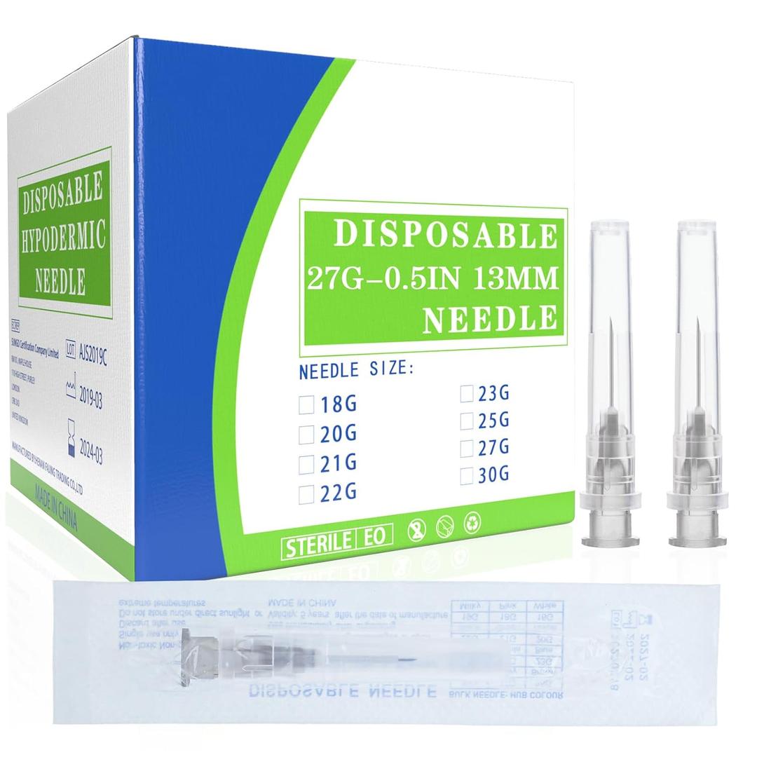 100Pack 27 Gauge 1/2 Inch Syringe Needles, Disposable Luer Lock Sterile Supplies