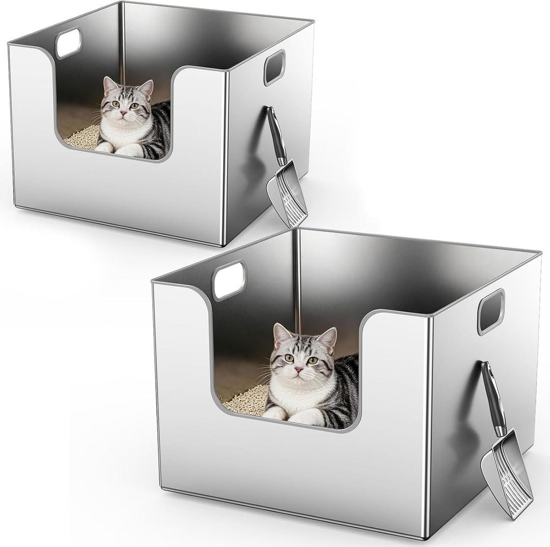 2 Pack XXXL Corner Stainless Steel Cat Litter Box with High Sides,XXL Square Metal Litter Box with Tall Walls for Maine Coon Big&Multiple Cats,One-Piece High Sided,Extra Large,Anti-Leakage,Non Stick