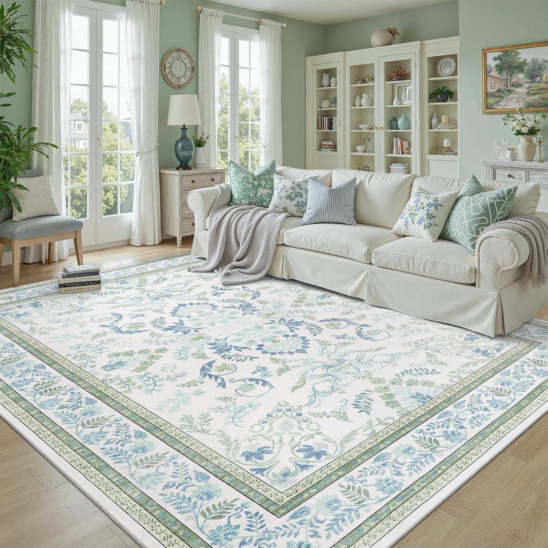 DCX Green 5x7 Area Rug, Machine Washable Non Slip Stain Resistant Soft Vintage Floral Rug, for Living Room, Bedroom, Playroom, Soft Low Pile Large Nursery Carpet