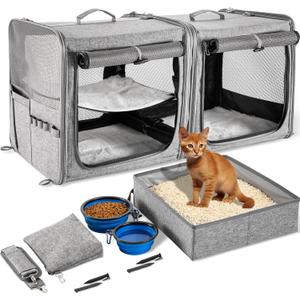 Suertree Cat Carrier for 2 Cats, Pet Travel Carrier with Litter Box for Cats and Small Dogs Up to 45 Lbs, Bowls, and Locking Zippers, Gray ((15.9*2)*14.5*15.5in, Grey)
