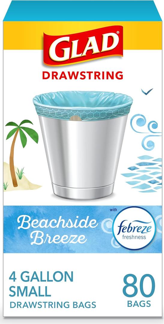 Glad Small Trash Bags 4 Gallon, Febreze Beachside Breeze Garbage Bags, Odor Resistant with Drawstring, 80 Count