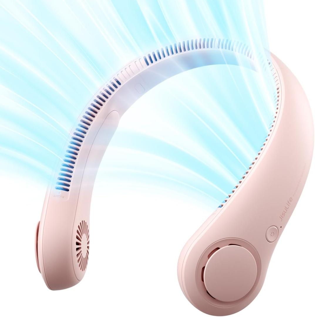 JISULIFE Portable Neck Fan, Hands-Free Bladeless, 5 Speeds, 4000 mAh Battery Operated Wearable Personal Fan, Twistable, Rechargeable, Gift for Women Men-Pink